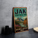 A vintage-style metal sign for "Jak Territorial Park" in Northwest Territories, featuring a mountain landscape and a canoe.
