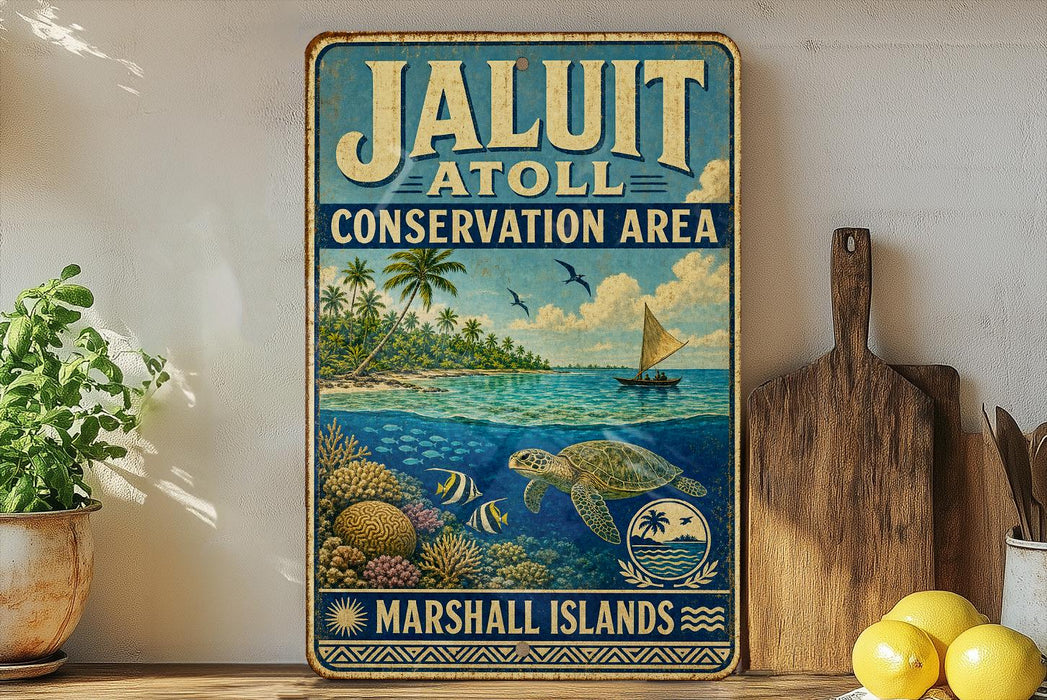 A vintage metal sign for the Jaluit Conservation Area in the Marshall Islands, featuring a tropical island scene with a sailboat, palm trees, and a turtle swimming in the ocean.