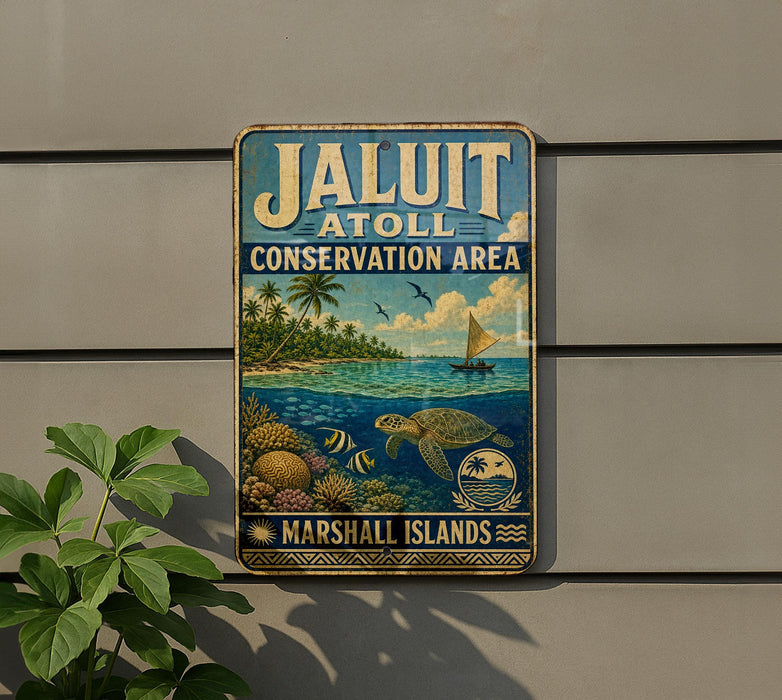 A vintage metal sign for the Jaluit Conservation Area in Marshall Islands, featuring a tropical beach scene with palm trees, a sailboat, and a turtle.