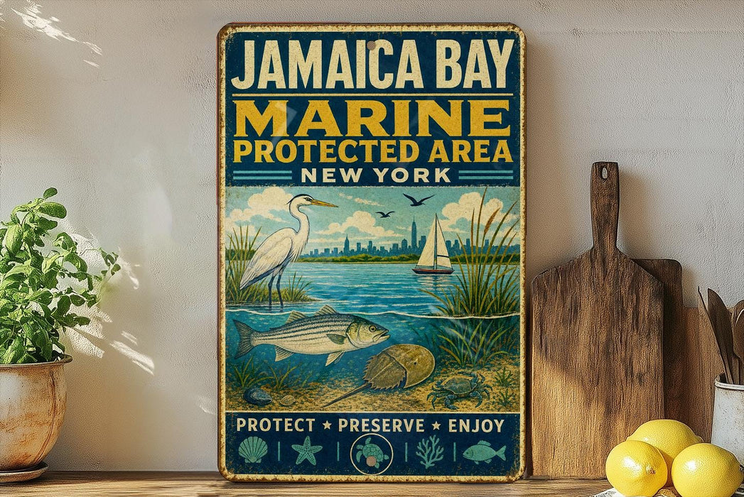 A vintage metal sign for Jamaica Bay Marine protected area in New York, featuring illustrations of a bird, fish, and sailboat, along with the text "PROTECT * PRESERVE * ENJOY".