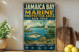A vintage metal sign for Jamaica Bay Marine protected area in New York, featuring illustrations of a bird, fish, and sailboat, along with the text "PROTECT * PRESERVE * ENJOY".