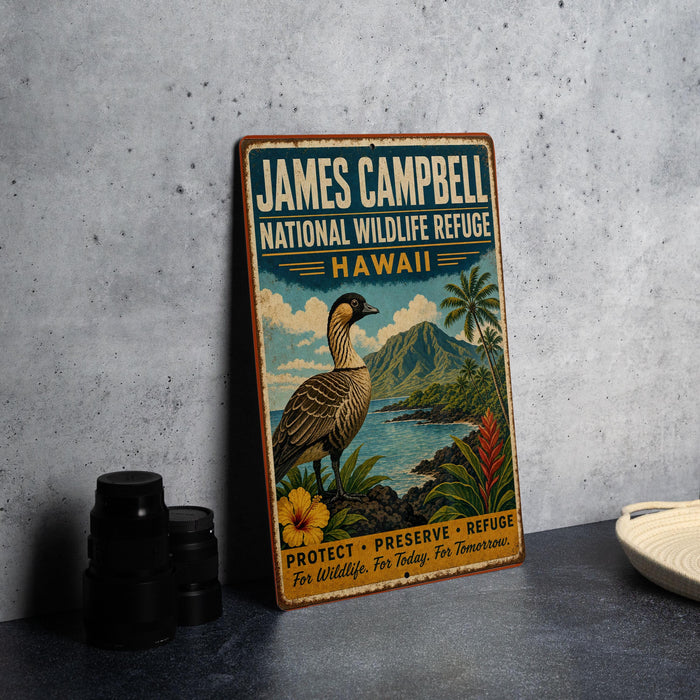 A vintage-style metal sign for the James Campbell National Wildlife Refuge in Hawaii, featuring a colorful illustration of a bird and tropical scenery.