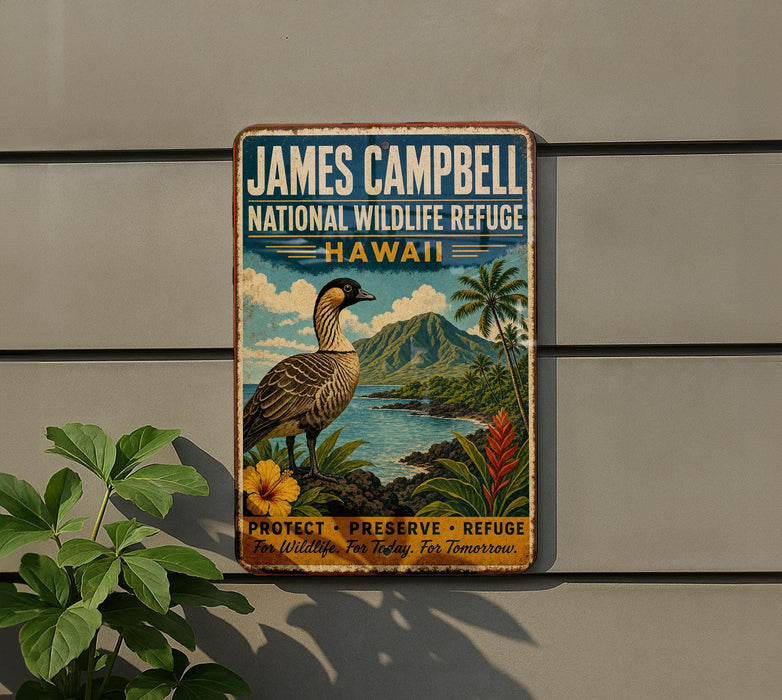 A vintage-style metal sign with a bird illustration and tropical landscape, mounted on a wall next to a plant.