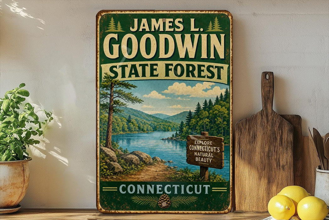 A vintage-style sign for James L. Goodwin State Forest in Connecticut, featuring a scenic landscape with a lake, mountains, and pine trees.