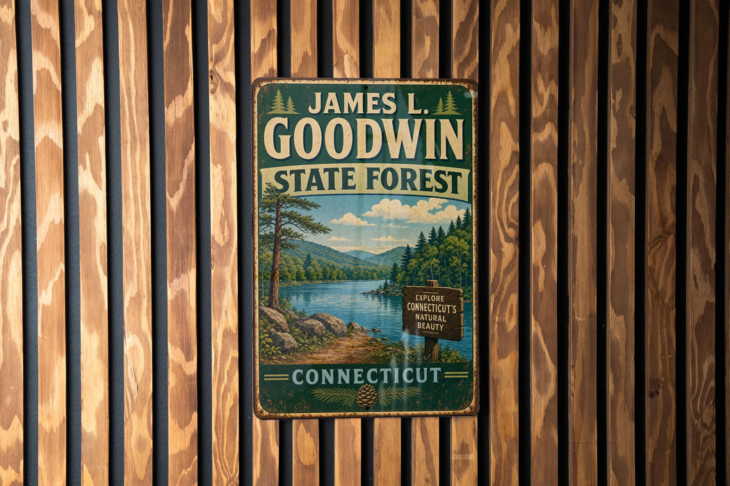A vintage metal sign for James L. Goodwin State Forest in Connecticut, featuring a scenic landscape with a lake, mountains, and pine trees.