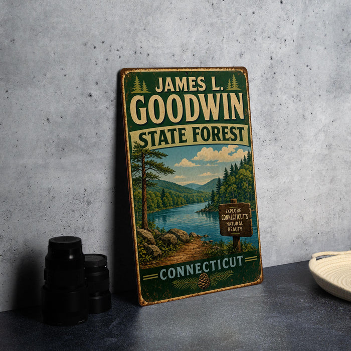 A vintage-style sign for James L. Goodwin State Forest in Connecticut, featuring a scenic landscape with a river and pine trees.