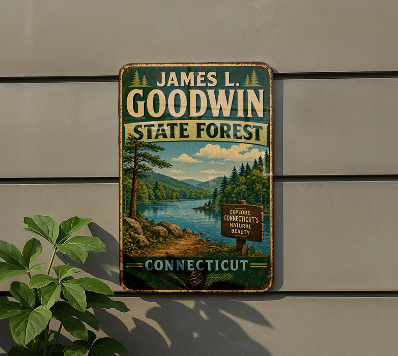 A vintage metal sign for James L. Goodwin State Forest in Connecticut, featuring a scenic landscape with a lake, mountains, and pine trees.