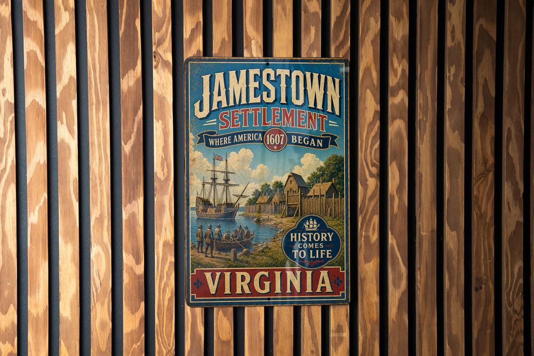 A vintage-style metal sign for Jamestown Settlement, Virginia, featuring a ship and a scene from the settlement.