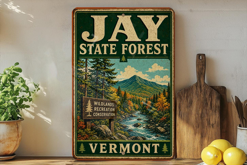 A vintage-style metal sign for the Jay State Forest in Vermont, featuring a scenic illustration of a forest and mountains.