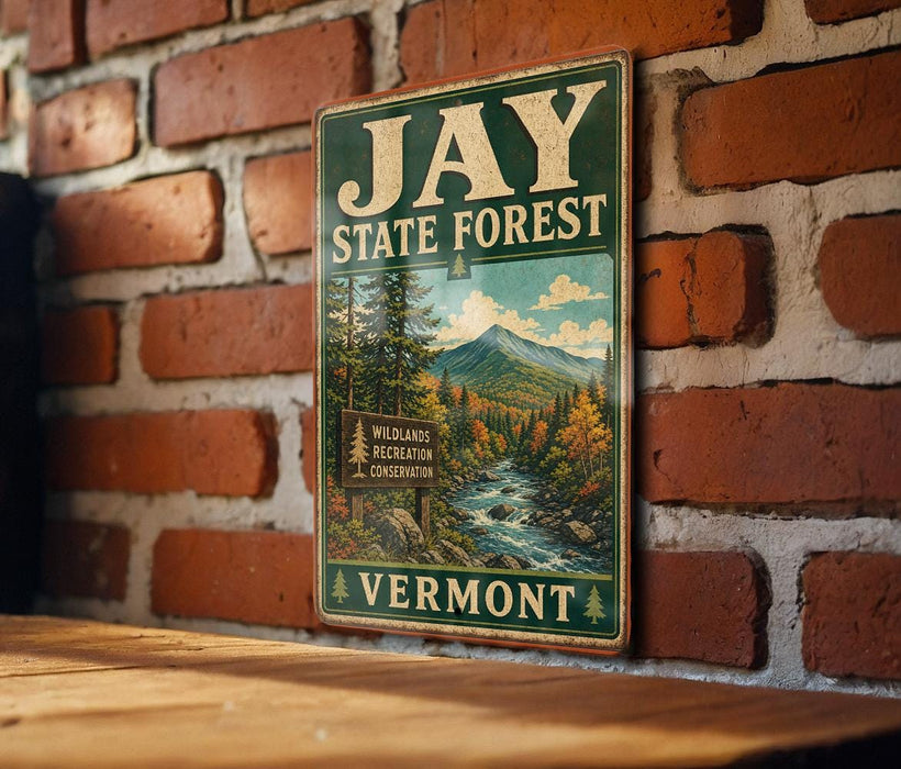 A vintage-style metal sign for the Jay State Forest in Vermont, featuring a scenic landscape with mountains, trees, and a river.