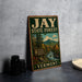 A vintage-style metal sign for the Jay State Forest in Vermont, featuring a scenic landscape with a river and mountains.