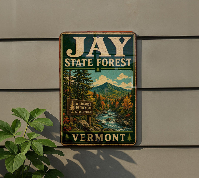 A vintage-style metal sign for Jay State Forest, featuring a scenic landscape with a river, mountains, and fall foliage.