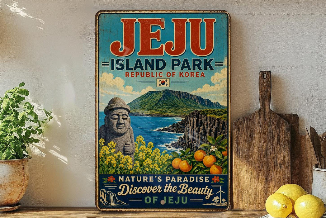 A vintage-style sign for Jeju Island Park, the Republic of Korea, featuring a scenic landscape with mountains, a statue, and a body of water.
