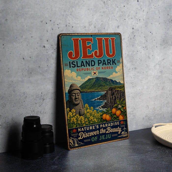 A vintage-style metal sign for Jeju Island Park, Republic of Korea, featuring a scenic landscape with mountains, a Buddha statue, and a body of water.