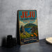 A vintage-style metal sign for Jeju Island Park, Republic of Korea, featuring a scenic landscape with mountains, a Buddha statue, and a body of water.