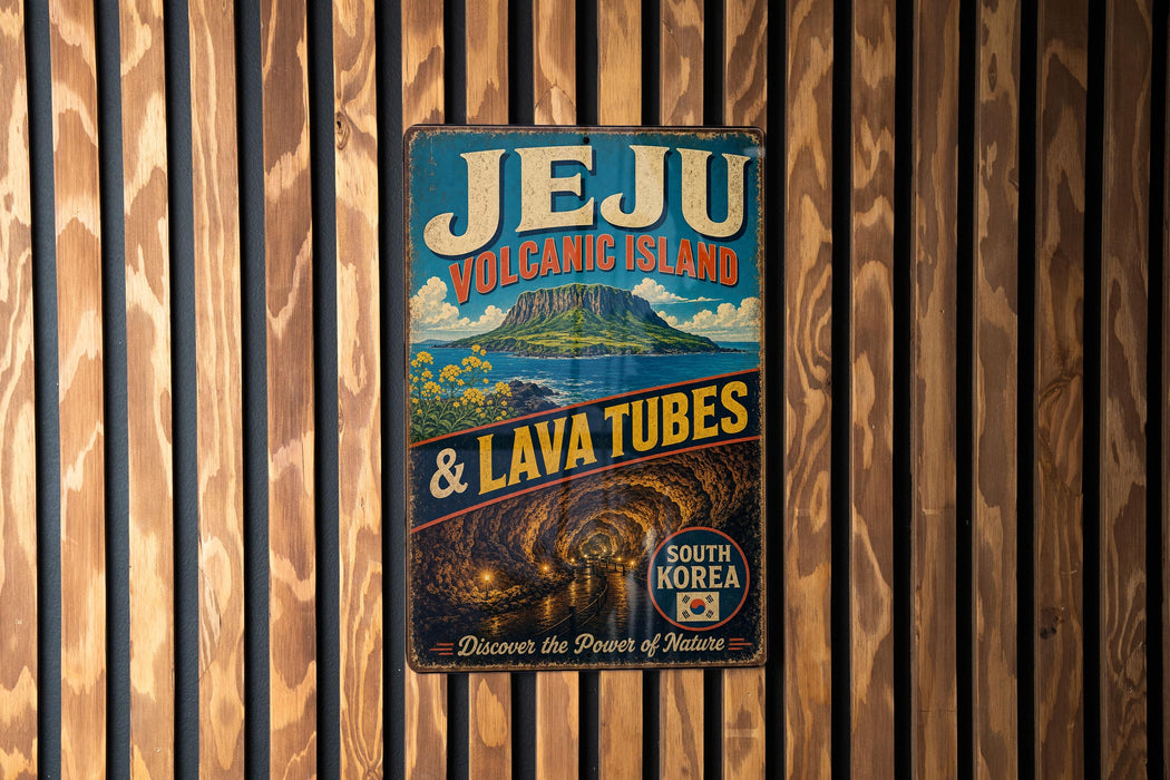 A vintage-style metal sign advertising Jeju Volcanic Island and lava tubes, with a tropical island landscape and a tunnel-like structure in the center.