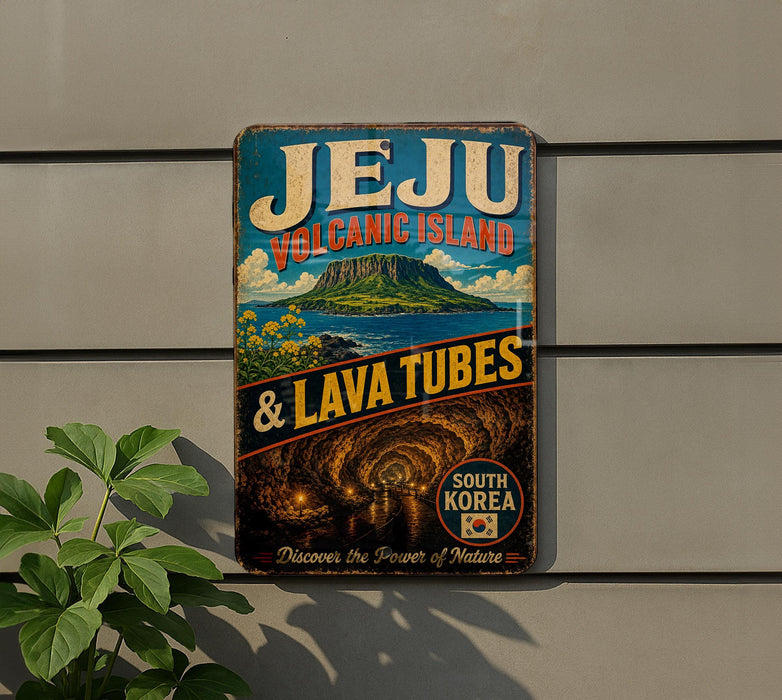 A vintage-style metal sign advertising Jeju Volcanic Island and lava tubes, with a scenic illustration of the island and lava tubes.
