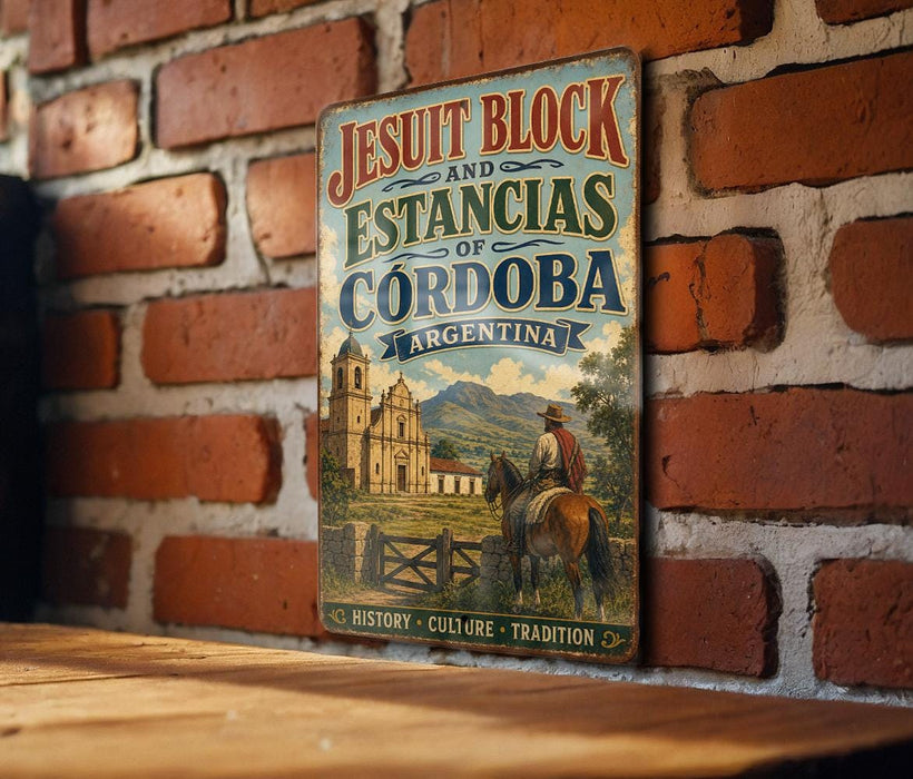 A vintage-style metal sign with the text "JESUIT BLOCK AND ESTANCIAS OF CORDoba ARGENTINA" and an illustration of a man on a horse in front of a church.