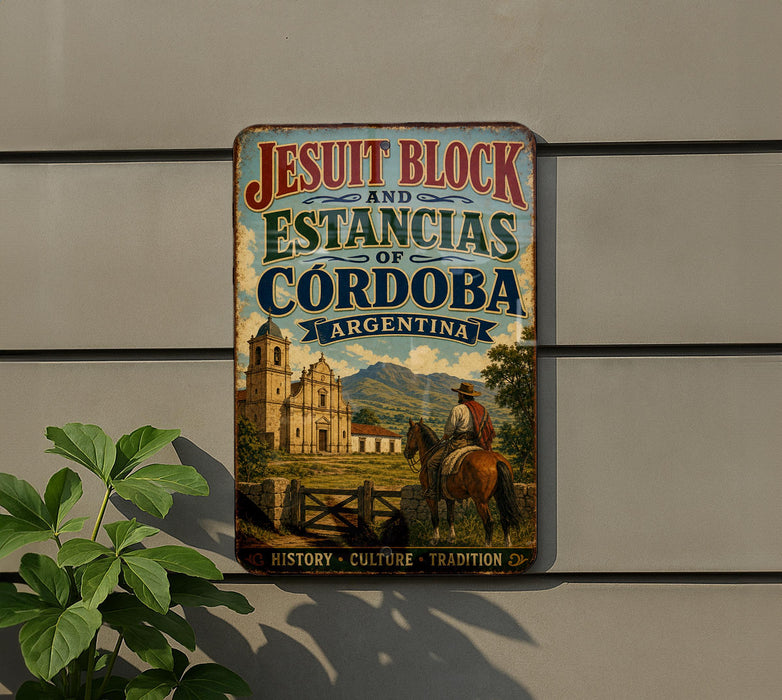 A vintage-style metal sign with the text "JESUIT BLOCK AND ESTANCIAS OF CORDOBA ARGENTINA" and an illustration of a man riding a horse in front of a historical building.
