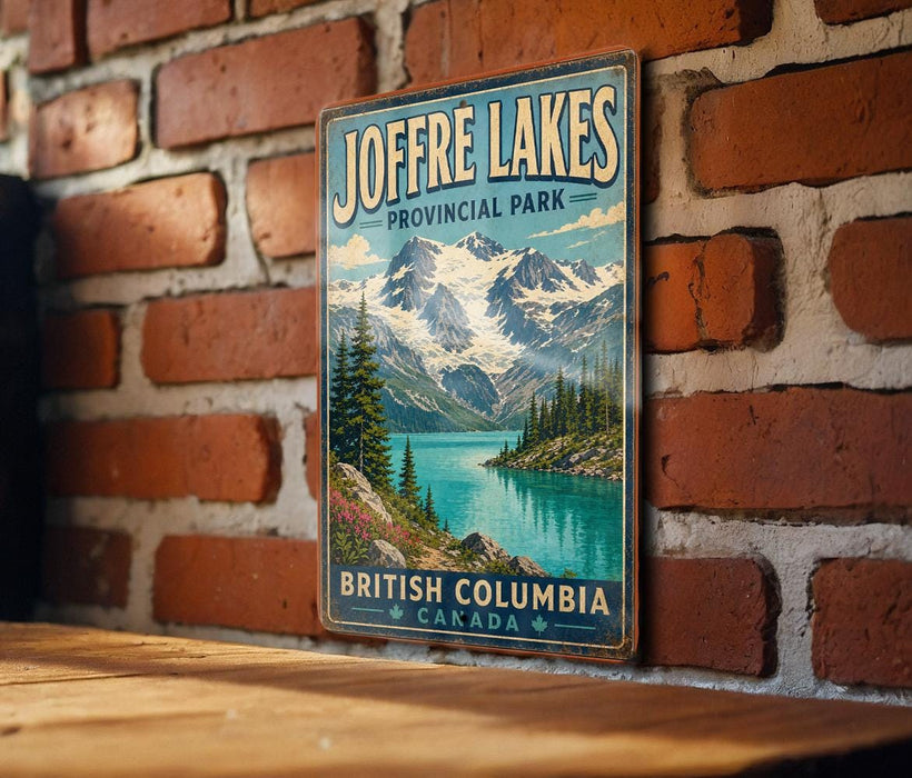 A vintage-style metal sign for Joffre Lakes, a scenic location in British Columbia, Canada.
