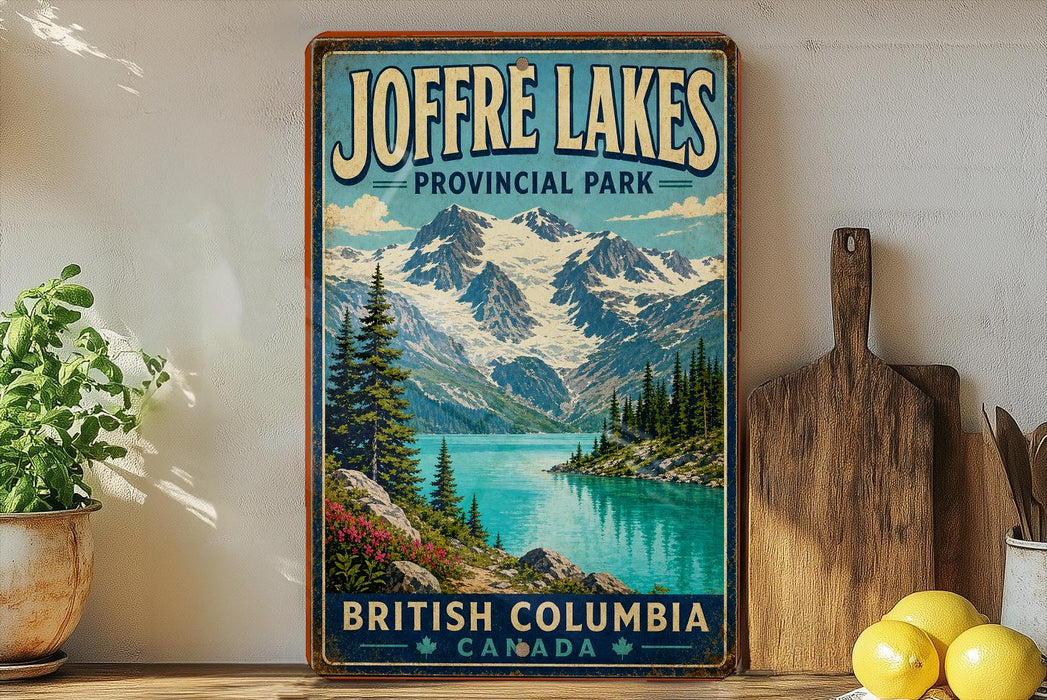 A vintage-style sign for Joffre Lakes Provincial Park in British Columbia, Canada, featuring a scenic mountain landscape with a lake and pine trees.