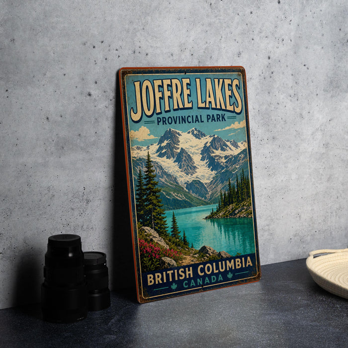 A vintage-style sign for Joffre Lakes, a scenic Canadian park, featuring a mountain landscape with a lake and pine trees.