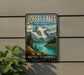 A vintage-style sign for Joffre Lakes, a scenic Canadian park, featuring a mountain landscape with a lake and pine trees.