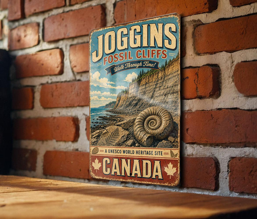 A vintage-style sign advertising the Joggins Fossil Cliffs, a world heritage site in Canada, is displayed on a brick wall.