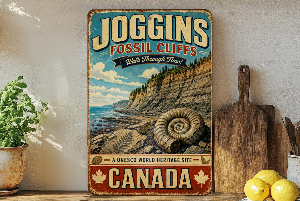 A vintage-style sign advertising the Joggins Fossil Cliffs in Canada, featuring a scenic image of the cliffs and a fossilized shell.
