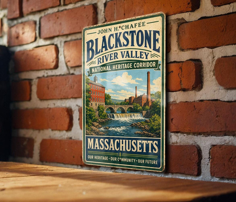 A vintage metal sign on a brick wall, featuring an illustration of a river and a bridge, with the text "John H. Chaffee Blackstone River Valley National Heritage Corridor" and "Massachusetts Our Heritage - Our Community - Our Future".