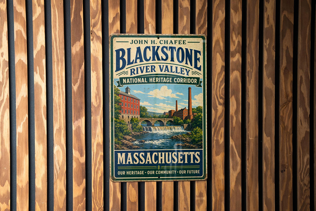 A vintage metal sign for the Blackstone River Valley National Heritage Corridor in Massachusetts, featuring a scenic image of a river and buildings.