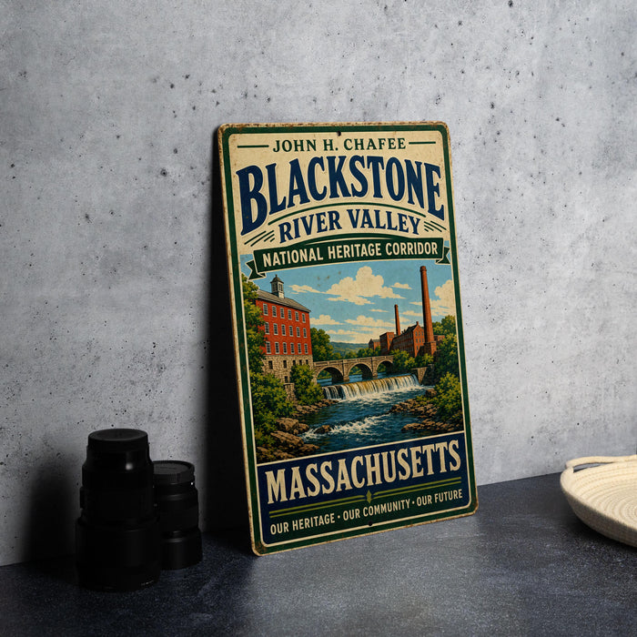 A vintage metal sign for John H. Chaffe's Blackstone River Valley National Heritage Corridor, featuring an illustration of a river and buildings, is displayed on a gray countertop.