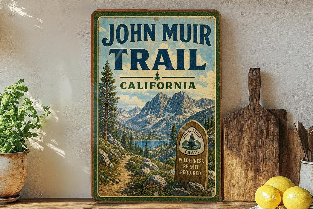 A vintage-style sign for the John Muir Trail in California, featuring a scenic mountain landscape with a trail and a wooden sign.