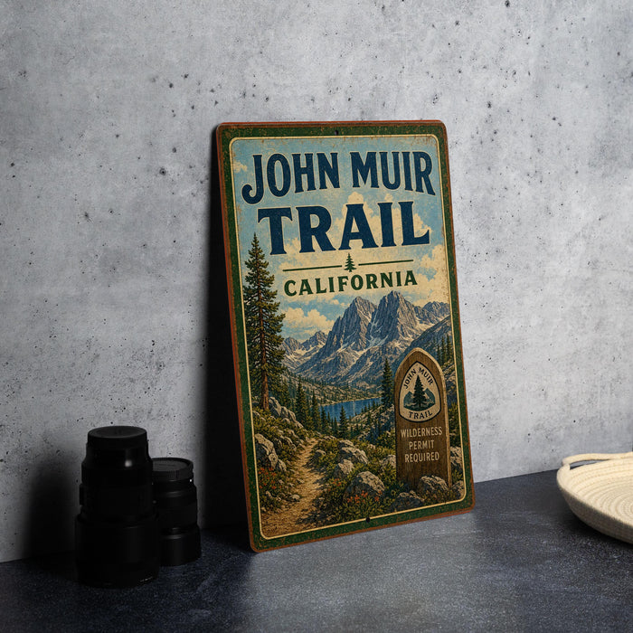 A vintage-style metal sign for the John Muir Trail in California, featuring a scenic mountain landscape and a trail marker.