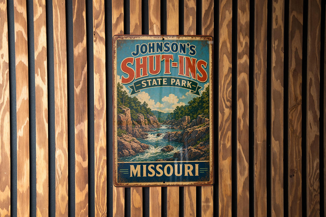 A vintage metal sign for Johnson's Shut-Ins State Park in Missouri, featuring a scenic illustration of a river and mountains.