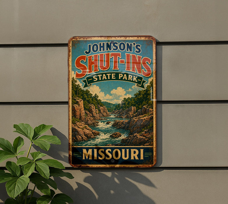 A vintage-style metal sign for Johnson's Shut-Ins State Park in Missouri, featuring a scenic landscape with a river and mountains.
