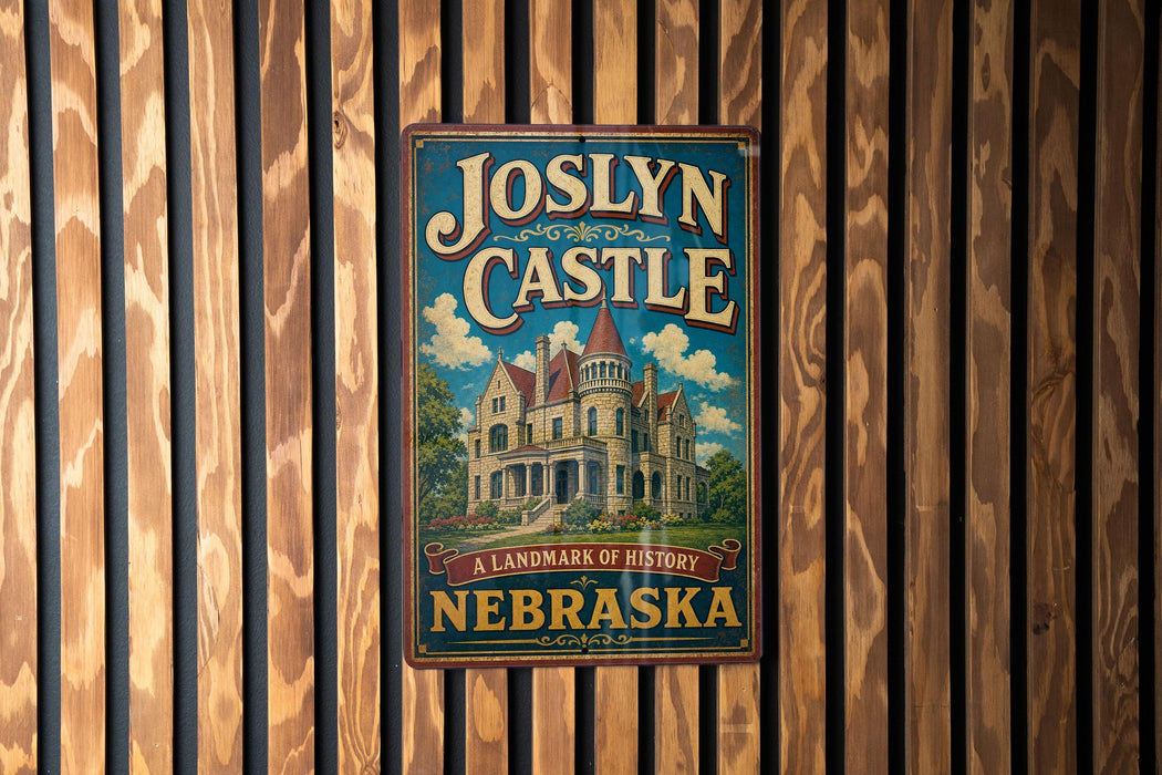 A vintage-style metal sign for "Joslyn Castle" in Nebraska, featuring an illustration of a castle-like building surrounded by trees.