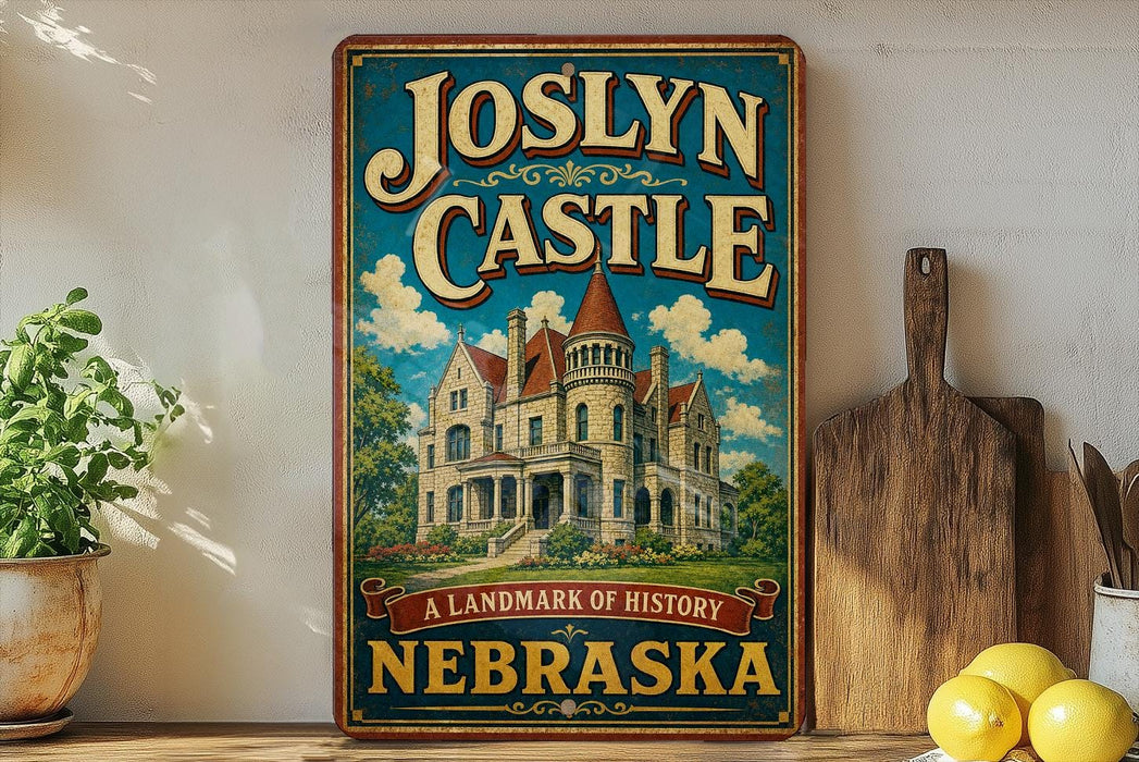 A vintage-style sign for "Joslyn Castle" in Nebraska, featuring an illustration of a castle surrounded by trees and a blue sky.