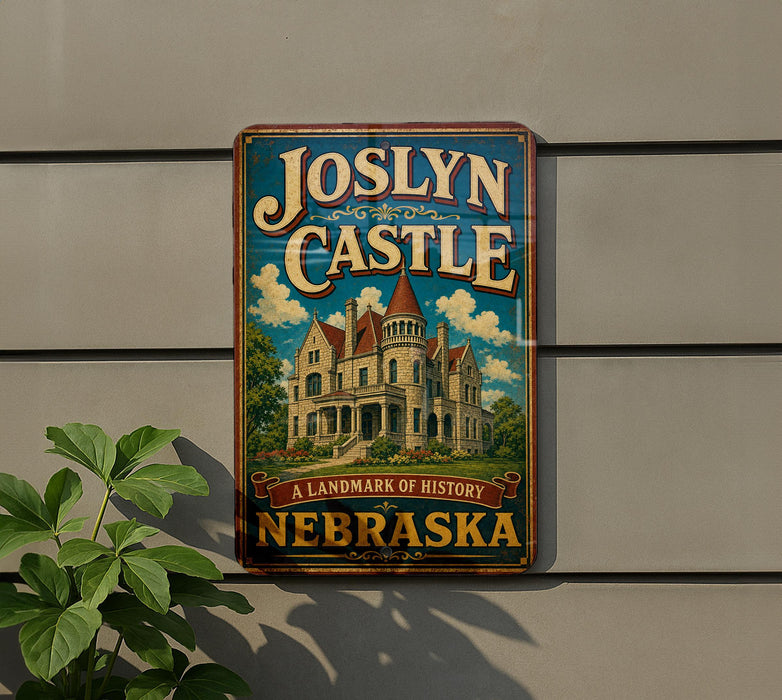 A vintage-style sign for Joslyn Castle, a landmark in Nebraska, featuring an illustration of the castle and the text "A Landmark of History Nebraska".
