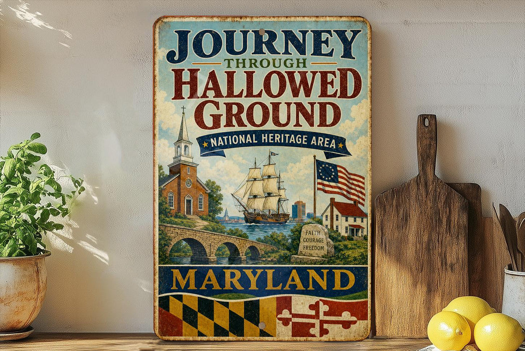 A vintage-style metal sign with the text "Journey Through Hallowed Ground" and "National Heritage Area" hangs on a wall, featuring an illustration of a ship, a bridge, and a monument.
