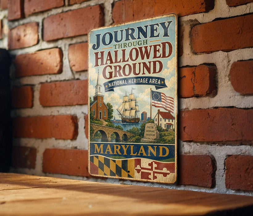 A vintage metal sign with the text "Journey Through Hallowed Ground" and "National Heritage Area" hangs on a brick wall, depicting a ship and a bridge in the background.