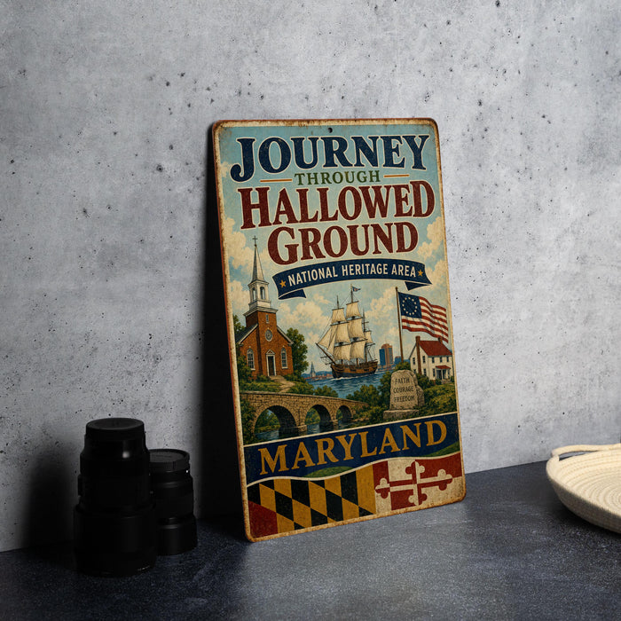 A vintage-style metal sign with the title "Journey Through Hallowed Ground" and the subtitle "National Heritage Area" is displayed on a gray wall.