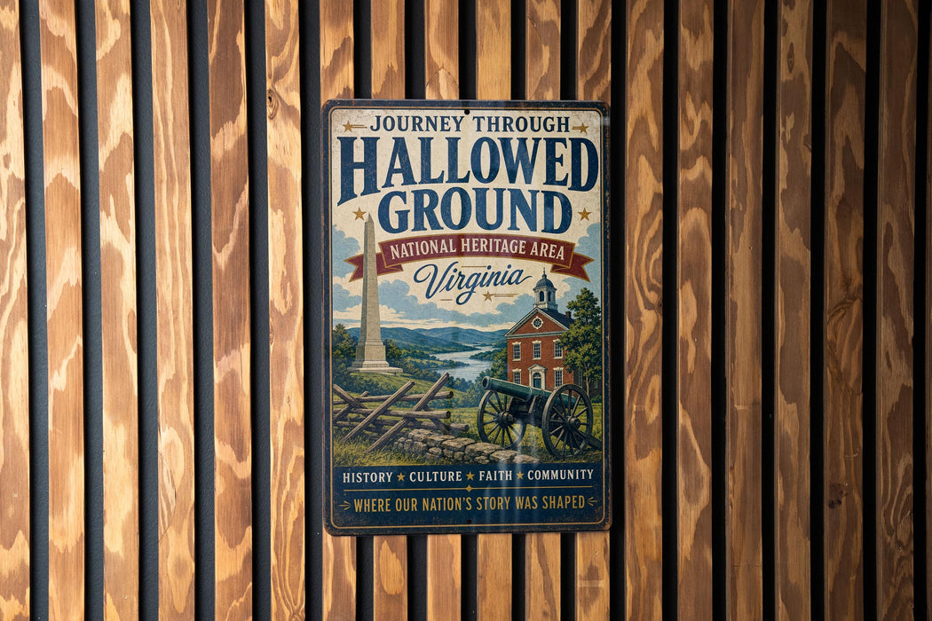 a vintage-style metal sign with a wooden background, displaying the text "Journey Through Hallowed Ground" and "National Heritage Area Virginia" along with a depiction of a historical scene.