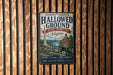 a vintage-style metal sign with a wooden background, displaying the text "Journey Through Hallowed Ground" and "National Heritage Area Virginia" along with a depiction of a historical scene.