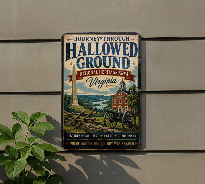 A vintage-style metal sign for the National Heritage Area of Virginia, featuring a cannon, a building, and a landscape with mountains in the background.