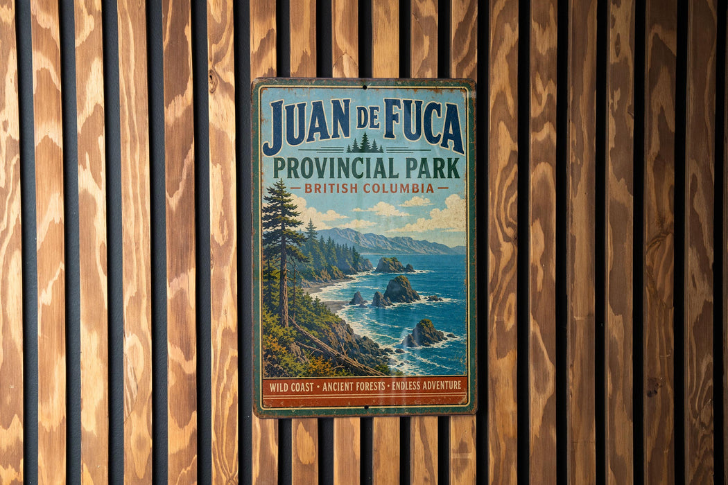 A vintage-style metal sign for Juan de Fuca Provincial Park in British Columbia, Canada, featuring a scenic coastal landscape with rocky cliffs, pine trees, and a body of water.