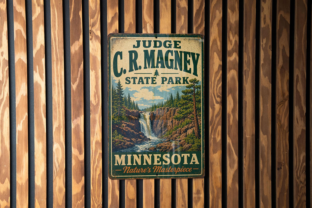 A vintage-style metal sign for Judge C.R. Magney State Park in Minnesota, featuring a scenic image of a waterfall surrounded by pine trees.