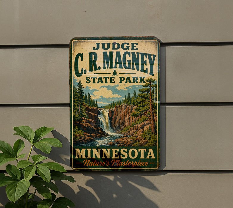 A vintage-style metal sign for Judge C.R. Magney State Park in Minnesota, featuring a scenic illustration of a waterfall surrounded by pine trees.