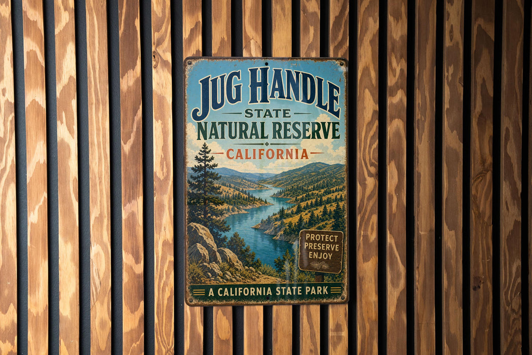 A vintage-style metal sign for the Jug Handle State Natural Reserve in California, featuring a scenic landscape with a river and mountains.