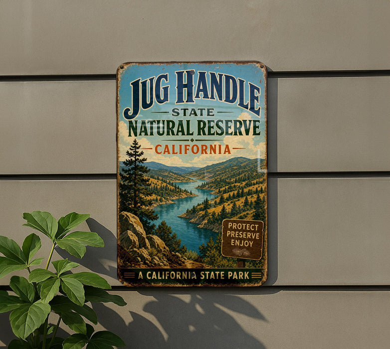 A vintage-style metal sign for the Jug Handle State Natural Reserve in California, featuring a scenic landscape with a river and mountains.